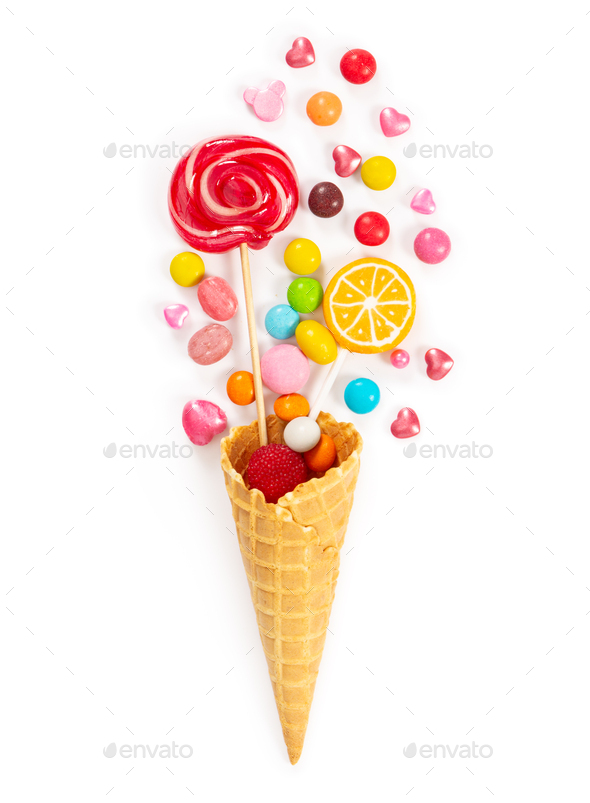 Colorful Candy And Lollipop In Waffle Cone Stock Photo By Nataliiapyzhova